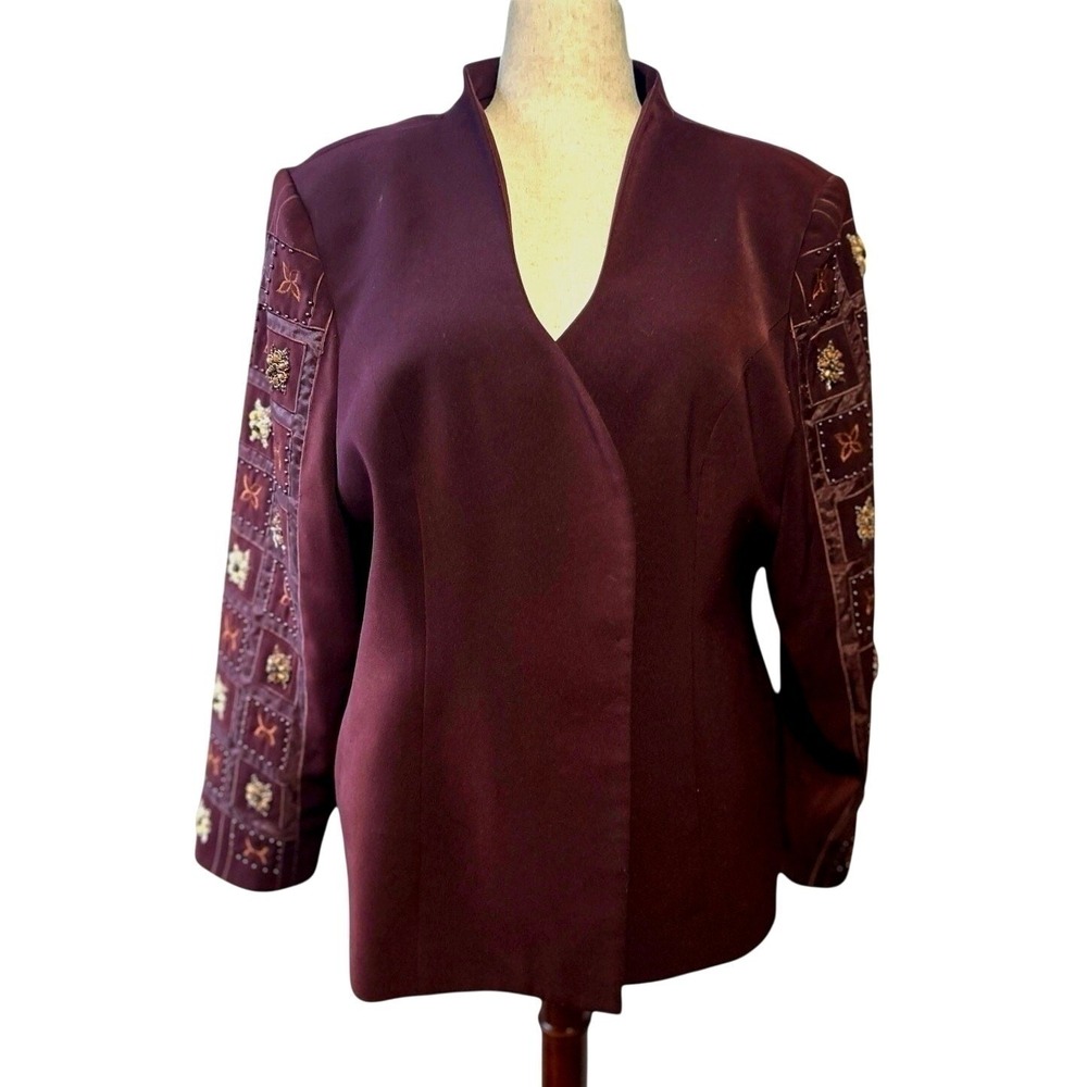 Donna Vinci Burgundy Embellished Open Blazer Jacket 22 Autumn Wedding Vintage